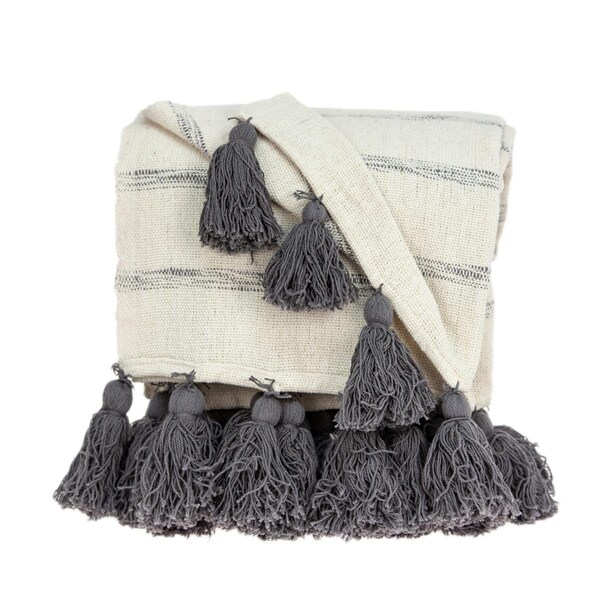 Back2Basics Seema Beige & Grey Rectangle Transitional Handloomed Cotton Throw - 52 x 67 x 0.5 in. - BA2634399