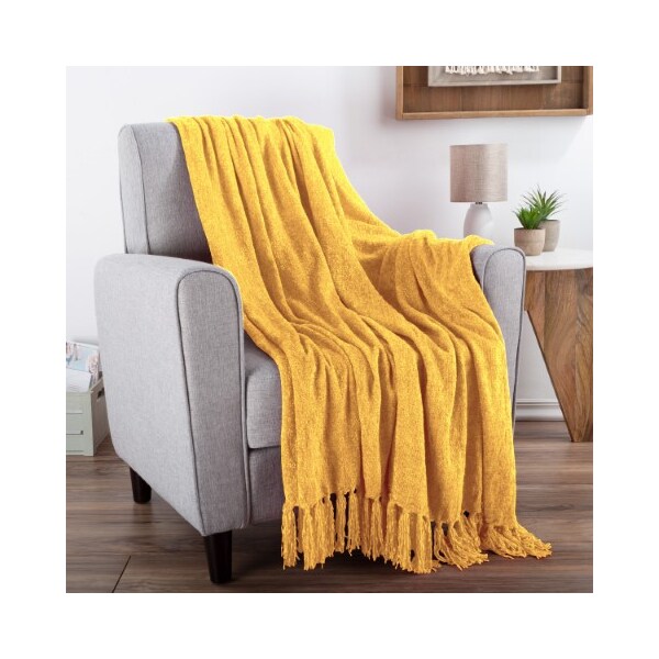 Hastings Home Chenille Throw Blanket for Couch, Home Decor, Sofa, Chair, Oversized 60" x 70", Primrose Gold - 899787AJR