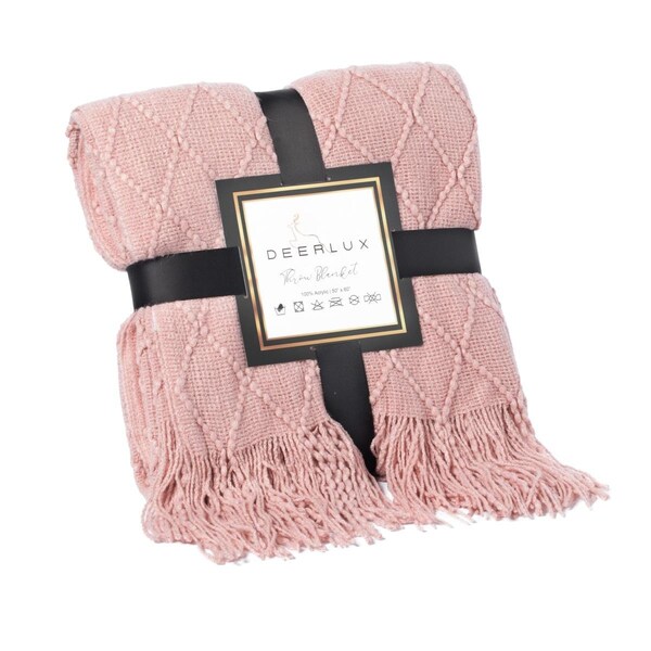 Deerlux 60 x 50 in. Decorative Diamond Pattern Knit Throw Blanket with Fringe, Pink - DE435605