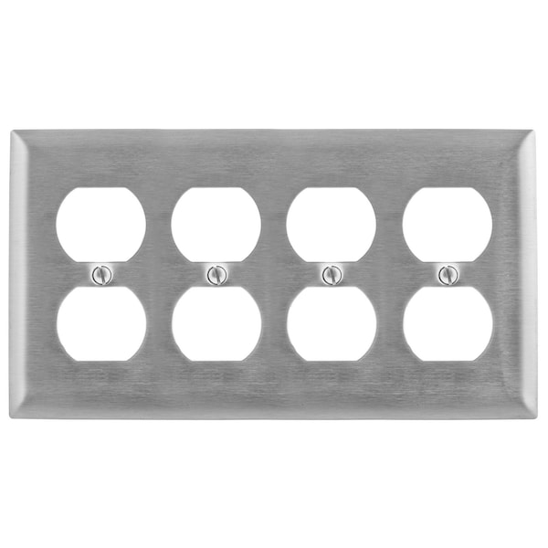 Hubbell Wiring Device-Kellems Duplex Opening Wall Plates, Number of Gangs: 4 Stainless Steel, Brushed Finish - SS84