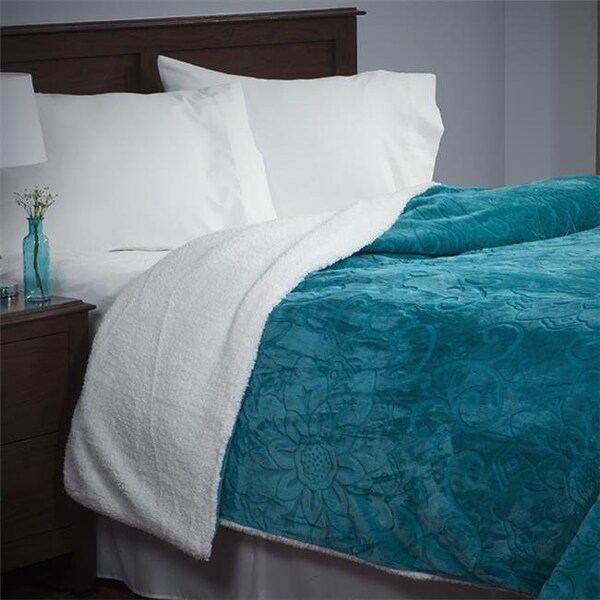 Lavish Home Lavish Home 61-83-FQ-B Full & Queen Floral Etched Fleece Blanket with Sherpa; Teal - 61-83-FQ-B
