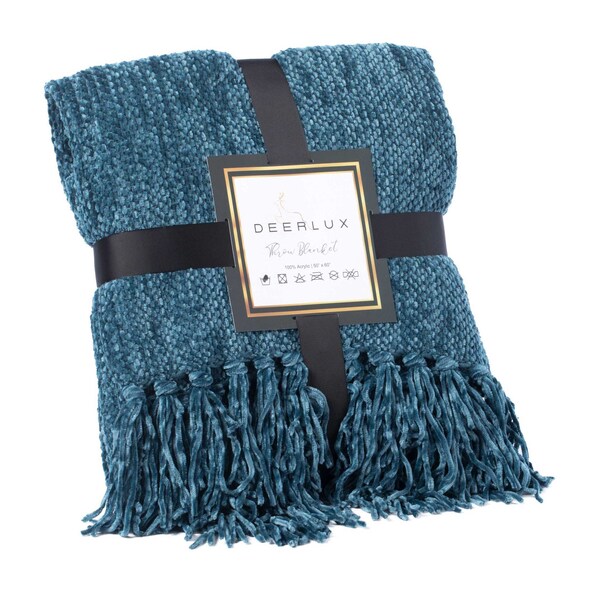 Deerlux Decorative Chenille Throw Blanket with Fringe, Navy - QI003969.NV