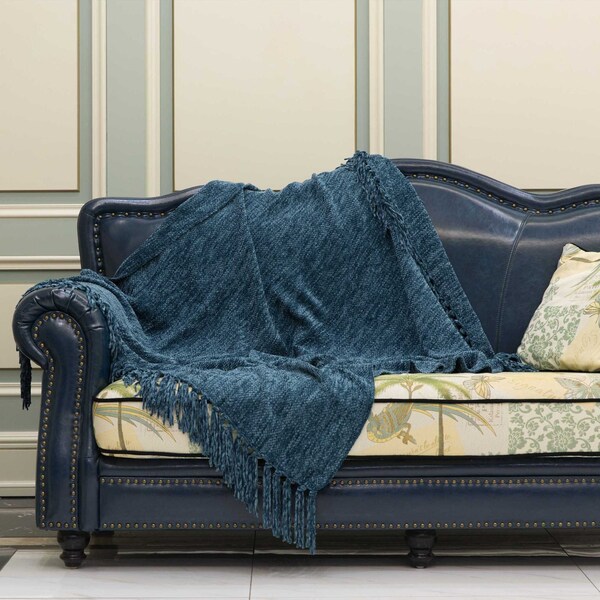 Deerlux Decorative Chenille Throw Blanket with Fringe, Navy - QI003969.NV