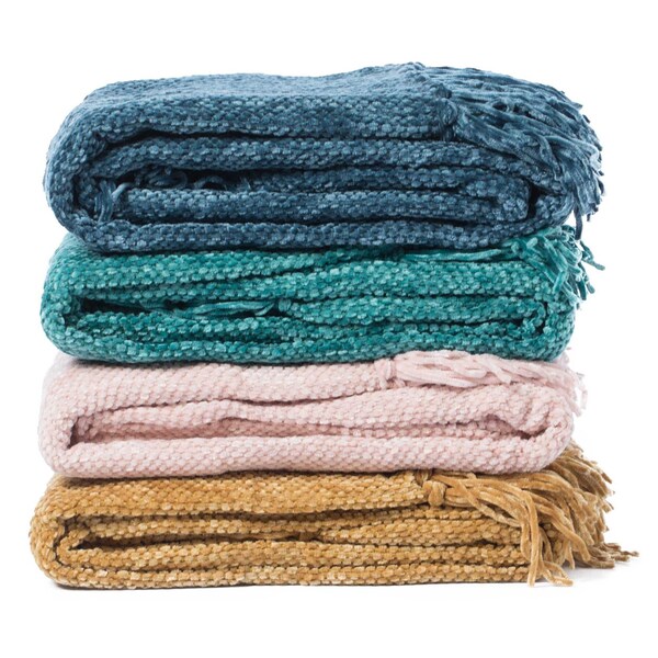Deerlux Decorative Chenille Throw Blanket with Fringe, Navy - QI003969.NV