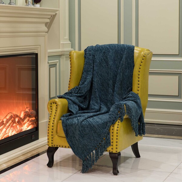 Deerlux Decorative Chenille Throw Blanket with Fringe, Navy - QI003969.NV