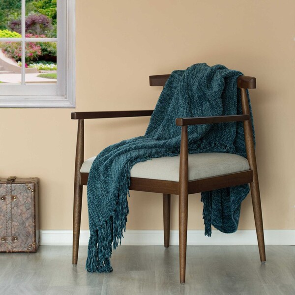 Deerlux Decorative Chenille Throw Blanket with Fringe, Navy - QI003969.NV