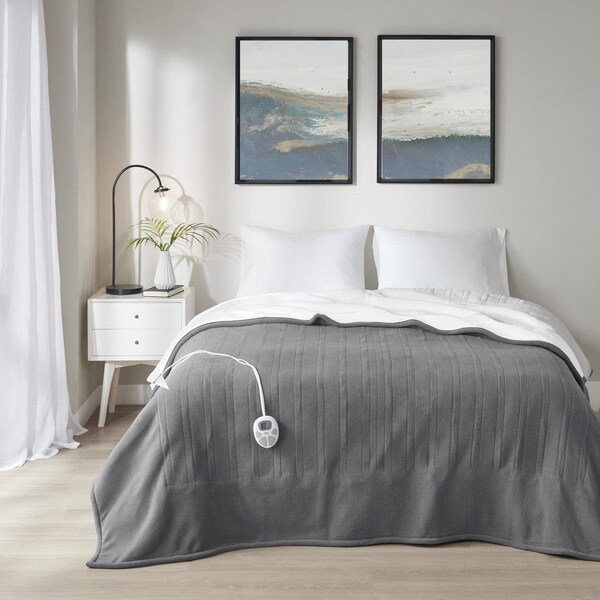 Serta Dark Grey 100 Percent Polyester Fleece to Sherpa Heated Blanket, King Size - ST54-0105