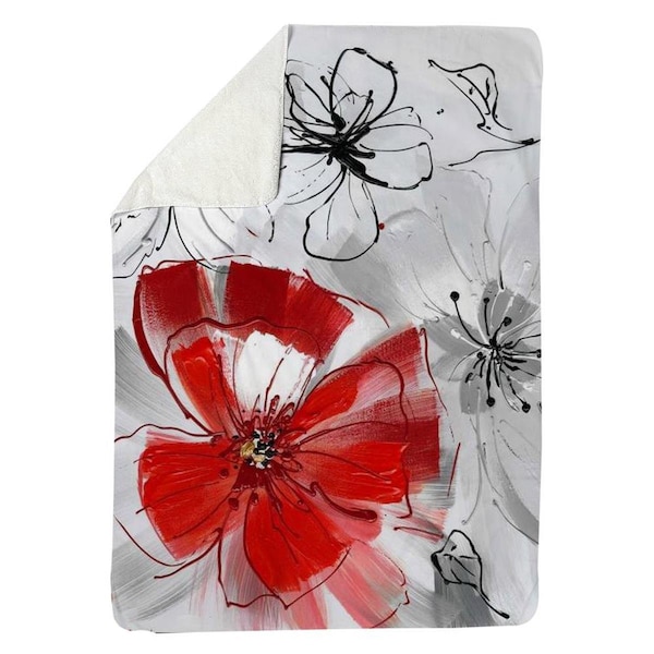 Begin Home Decor 60 x 80 in. Red & Grey Flowers-Sherpa Fleece Blanket - 5545-6080-FL43