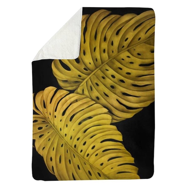 Begin Home Decor 60 x 80 in. Gold Monstera-Sherpa Fleece Blanket - 5545-6080-FL356