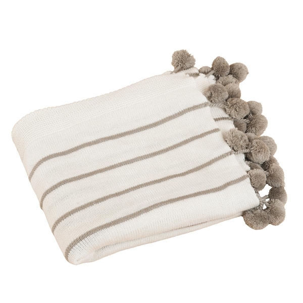 Rlm Distribution SARO  Pom Pom Striped Woven Throw Blanket  Ivory - HO2657851
