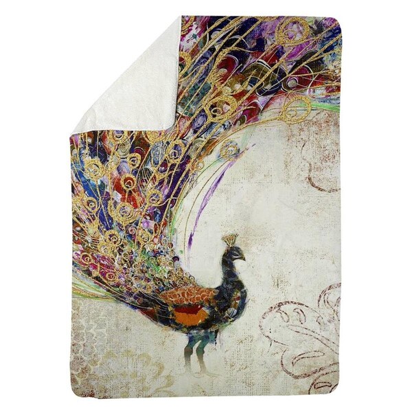 Begin Home Decor 60 x 80 in. Peacock with Gold Feathers-Sherpa Fleece Blanket - 5545-6080-AN12
