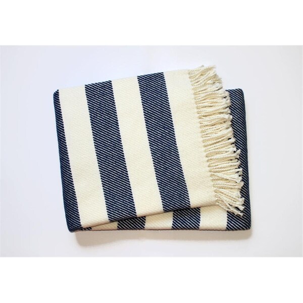 Palacedesigns Cream & Navy Blue Slanted Stripe Fringed Throw Blanket - PA3091979