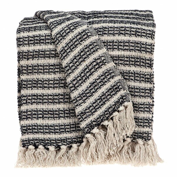 Homeroots Black & Beige Striped Woven Handloom Throw Blanket - 476219