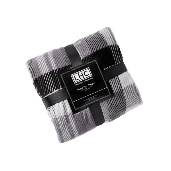 Hastings Home Plaid Faux Fur Throw, Luxurious, Soft, Hypoallergenic Plaid Printed Flannel Blanket, 60"x70", Grey - 515307FQZ