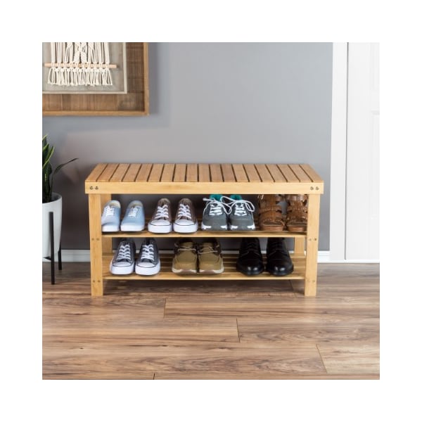 Hastings Home Bamboo Shoe Rack Bench with 2 Shelves, Natural Wood Seat Storage and Organization for Home - 318722DUB