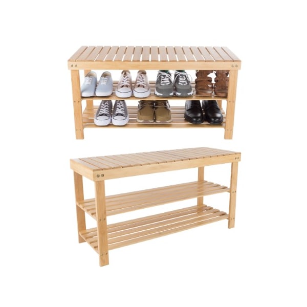 Hastings Home Bamboo Shoe Rack Bench with 2 Shelves, Natural Wood Seat Storage and Organization for Home - 318722DUB