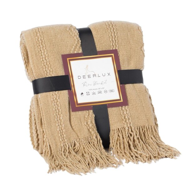 Deerlux 60 x 50 in. Decorative Zigzag Stripe Pattern Knit Throw Blanket with Fringe, Tan - DE435608