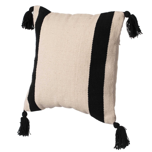Deerlux 16" Handwoven Cotton Throw Pillow Cover with Side Stripes, Black - QI004311.BK