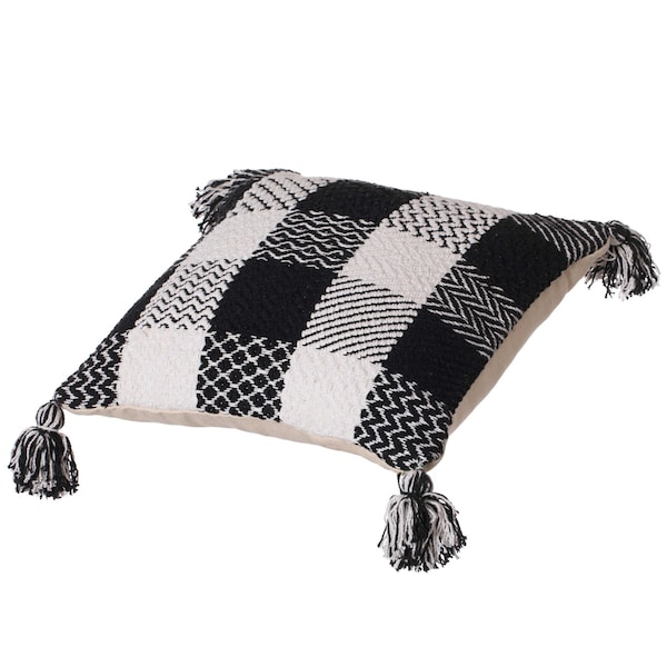 Deerlux 16" Handwoven Cotton Throw Pillow Cover with Patterned Gingham Design and Tasseled Corners - QI004302.GM
