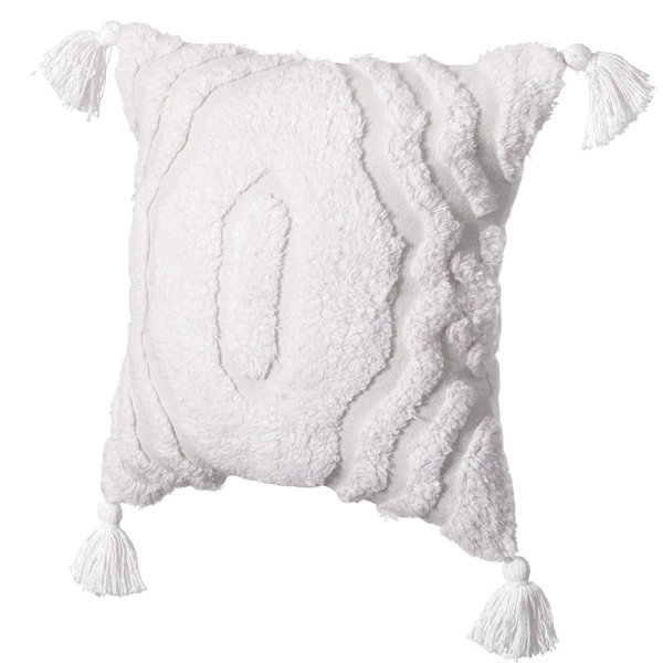 Deerlux 16" Handwoven Cotton Throw Pillow Cover with White Ikat Pattern and Tassel Corners, White - QI004307.IT