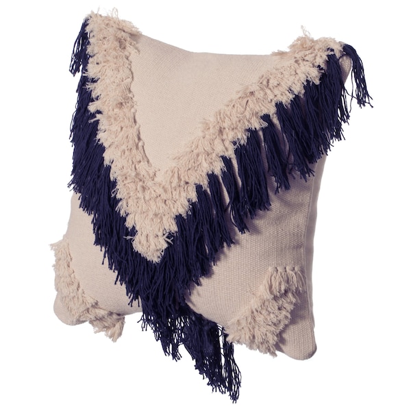 Deerlux 16" Handwoven Cotton Throw Pillow Cover with Embossed and Fringed Crossed line, Navy - QI004300.NV