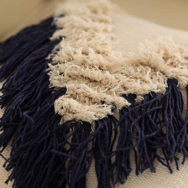 Deerlux 16" Handwoven Cotton Throw Pillow Cover with Embossed and Fringed Crossed line, Navy - QI004300.NV