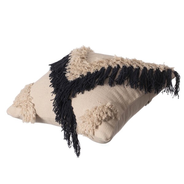 Deerlux 16" Handwoven Cotton Throw Pillow Cover with Embossed and Fringed Crossed line, Navy - QI004300.NV