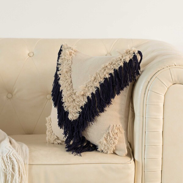 Deerlux 16" Handwoven Cotton Throw Pillow Cover with Embossed and Fringed Crossed line, Navy - QI004300.NV
