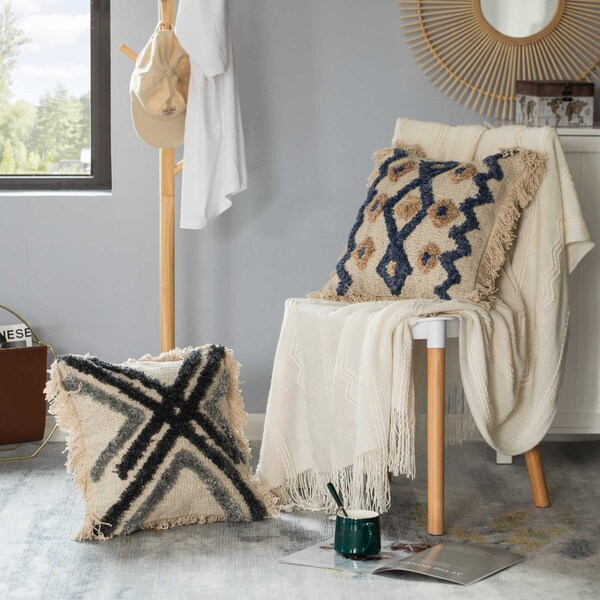 Deerlux 16" Handwoven Cotton & Silk Throw Pillow Cover with Embossed Zig Zag, Blue & Beige - QI004299.ZZ