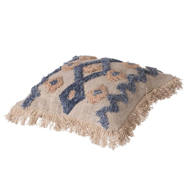 Deerlux 16" Handwoven Cotton & Silk Throw Pillow Cover with Embossed Zig Zag, Blue & Beige - QI004299.ZZ