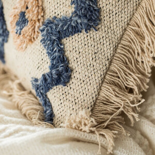 Deerlux 16" Handwoven Cotton & Silk Throw Pillow Cover with Embossed Zig Zag, Blue & Beige - QI004299.ZZ