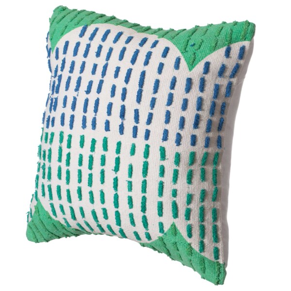 Deerlux 16" Handwoven Cotton Throw Pillow Cover with Ribbed Line Dots and Wave Border, Green - QI004315.GN