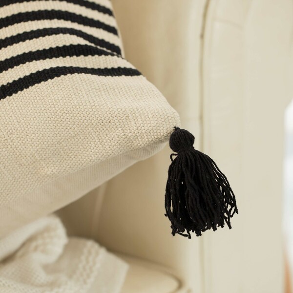 Deerlux 16" Handwoven Cotton Throw Pillow Cover with Striped Lines with Filler, Black - QI004310.BK.K