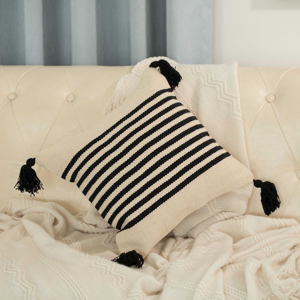 Deerlux 16" Handwoven Cotton Throw Pillow Cover with Striped Lines with Filler, Black - QI004310.BK.K
