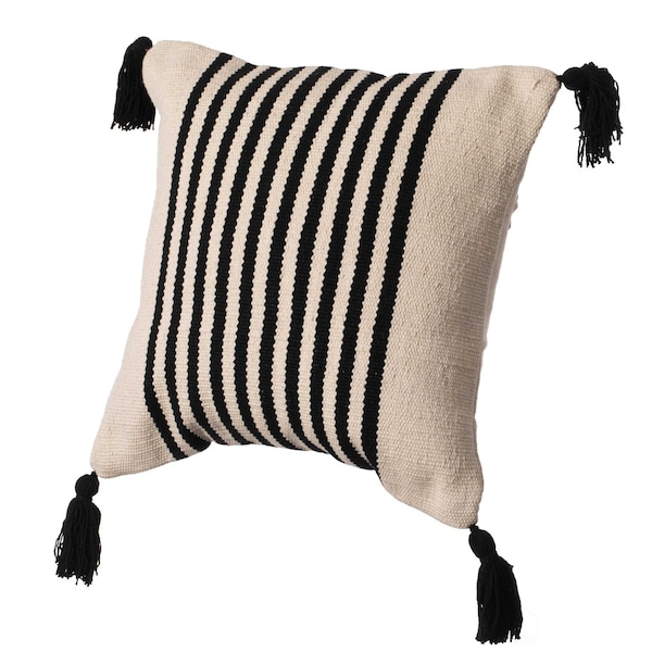 Deerlux 16" Handwoven Cotton Throw Pillow Cover with Striped Lines with Filler, Black - QI004310.BK.K