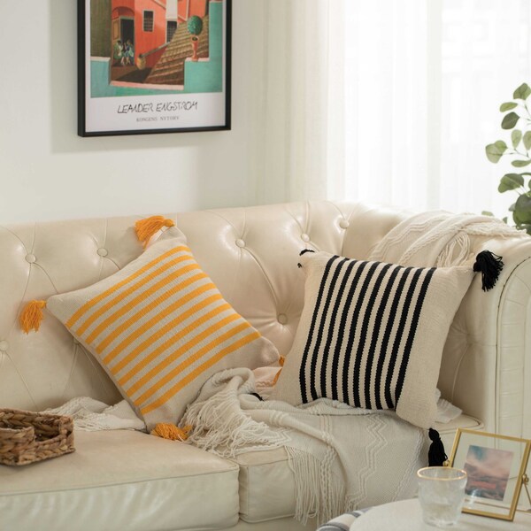 Deerlux 16" Handwoven Cotton Throw Pillow Cover with Striped Lines with Filler, Black - QI004310.BK.K