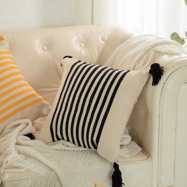 Deerlux 16" Handwoven Cotton Throw Pillow Cover with Striped Lines with Filler, Black - QI004310.BK.K