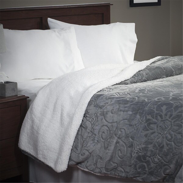 Daphnes Dinnette King Floral Etched Fleece Blanket with Sherpa, Grey - DA3242787