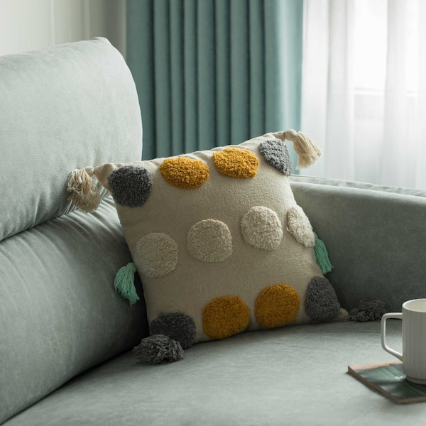Deerlux 16" Handwoven Cotton Throw Pillow Cover with Tufted Dot Pattern and Side Tassels with Filler - QI004306.DT.K