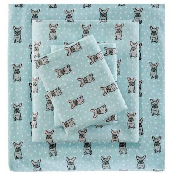 Imageware Systems, Inc True North - Sleep Philosophy TN20-0225 Cozy Flannel Sheet Set; Aqua French Bulldog - King - TN20-0225