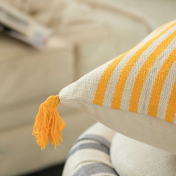 Deerlux 16" Handwoven Cotton Throw Pillow Cover with Striped Lines, Yellow - QI004310.YL
