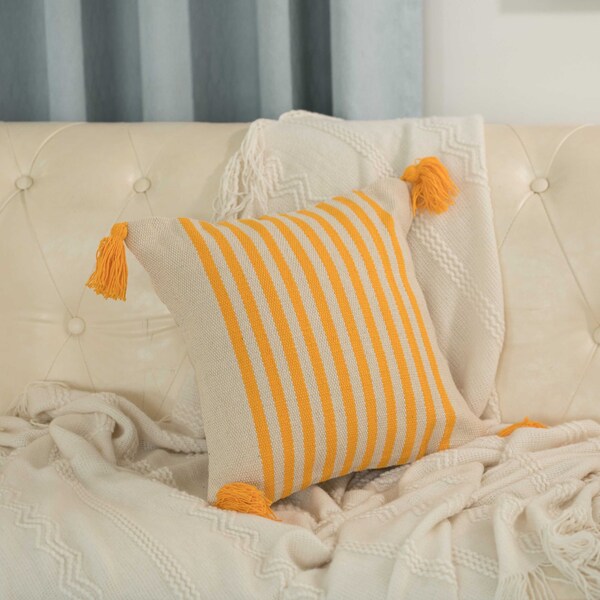 Deerlux 16" Handwoven Cotton Throw Pillow Cover with Striped Lines, Yellow - QI004310.YL