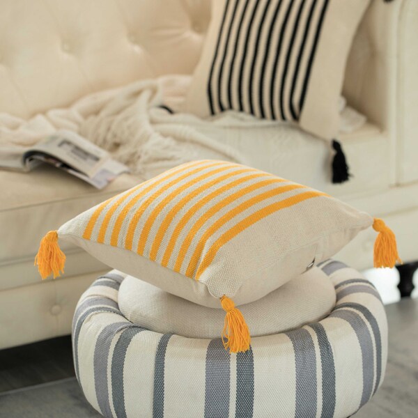 Deerlux 16" Handwoven Cotton Throw Pillow Cover with Striped Lines, Yellow - QI004310.YL