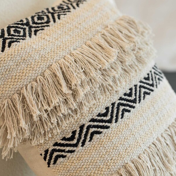 Deerlux 16" Handwoven Cotton Throw Pillow Cover with Boho Design and Fringed Lines with Filler, Natural - QI004308.K