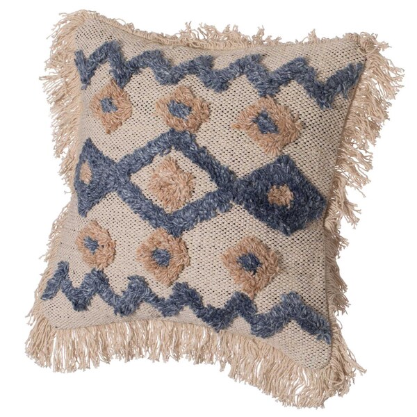 Deerlux 16" Handwoven Cotton & Silk Throw Pillow Cover with Embossed Zig Zag with Filler, Blue & Beige - QI004299.ZZ.K