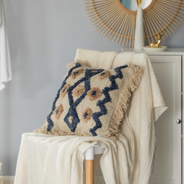 Deerlux 16" Handwoven Cotton & Silk Throw Pillow Cover with Embossed Zig Zag with Filler, Blue & Beige - QI004299.ZZ.K