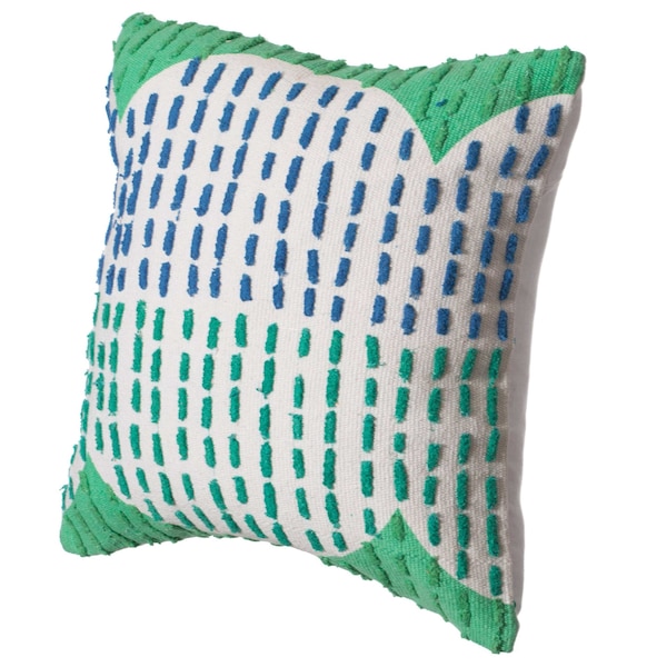 Deerlux 16" Handwoven Cotton Throw Pillow Cover with Ribbed Line Dots and Wave Border with Filler, Green - QI004315.GN.K