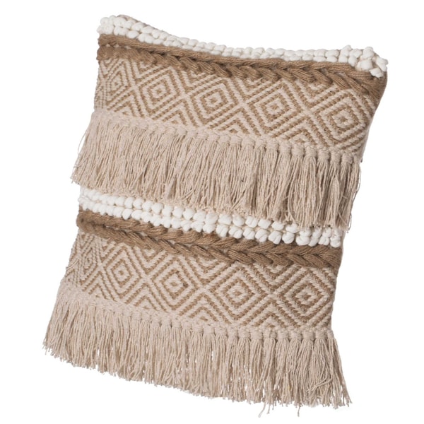 Deerlux 16" Cotton Throw Pillow Cover with Embossed White Dots and Natural Fringed Pattern with Filler - QI004301.NC.K