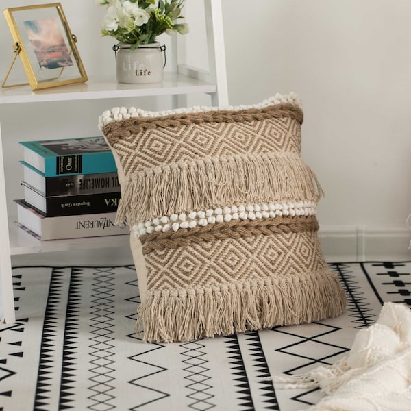 Deerlux 16" Cotton Throw Pillow Cover with Embossed White Dots and Natural Fringed Pattern with Filler - QI004301.NC.K