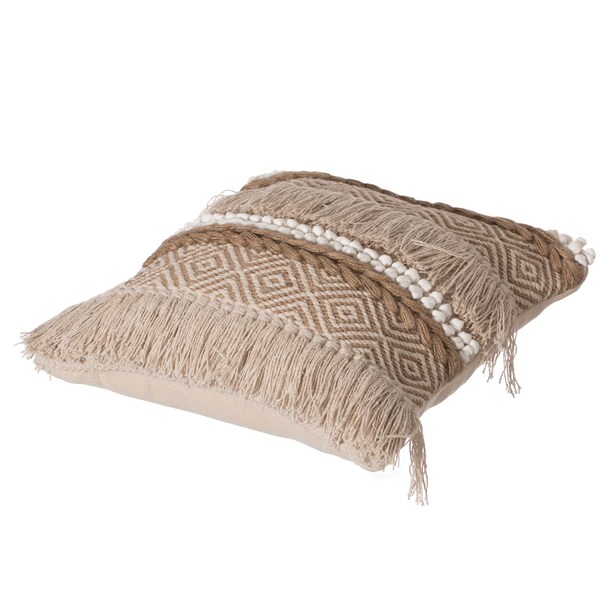 Deerlux 16" Cotton Throw Pillow Cover with Embossed White Dots and Natural Fringed Pattern with Filler - QI004301.NC.K
